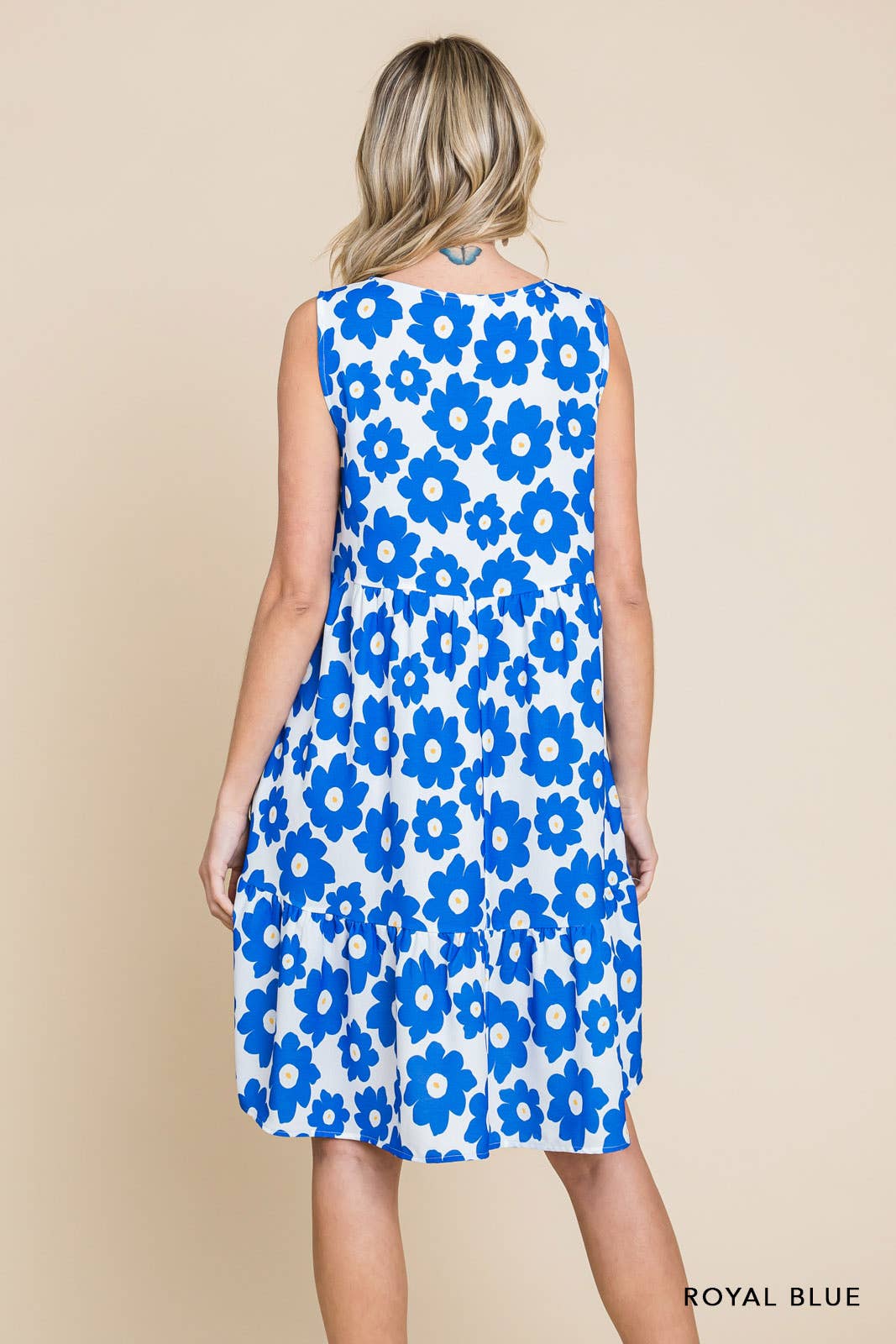 20327W-Women's Print Color Block V Neck Dress: S-M-L-XL / ROYAL BLUE - Saints Place Designs