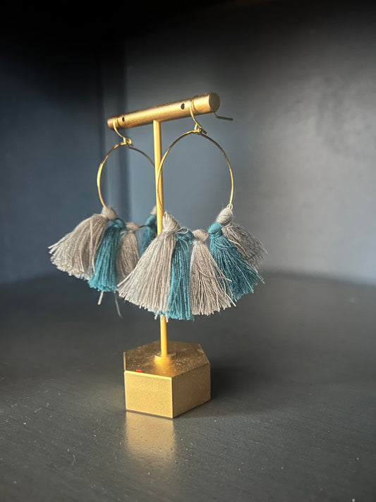 Teal & Grey Tassel Hoop Earrings