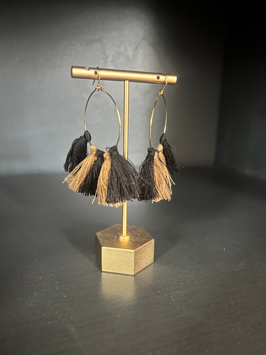 Black & Tan Tassel Hoop Earrings