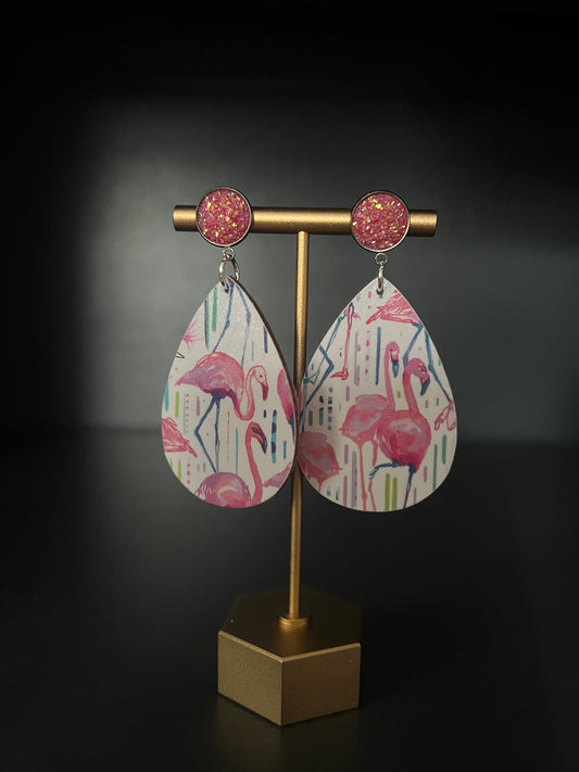 Flamingo Decoupage Wood Earrings