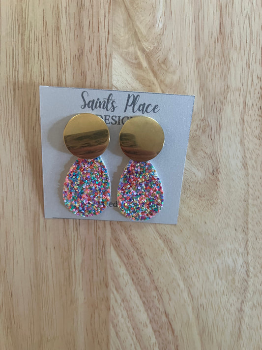 Gold button and Confetti Glitter Earrings