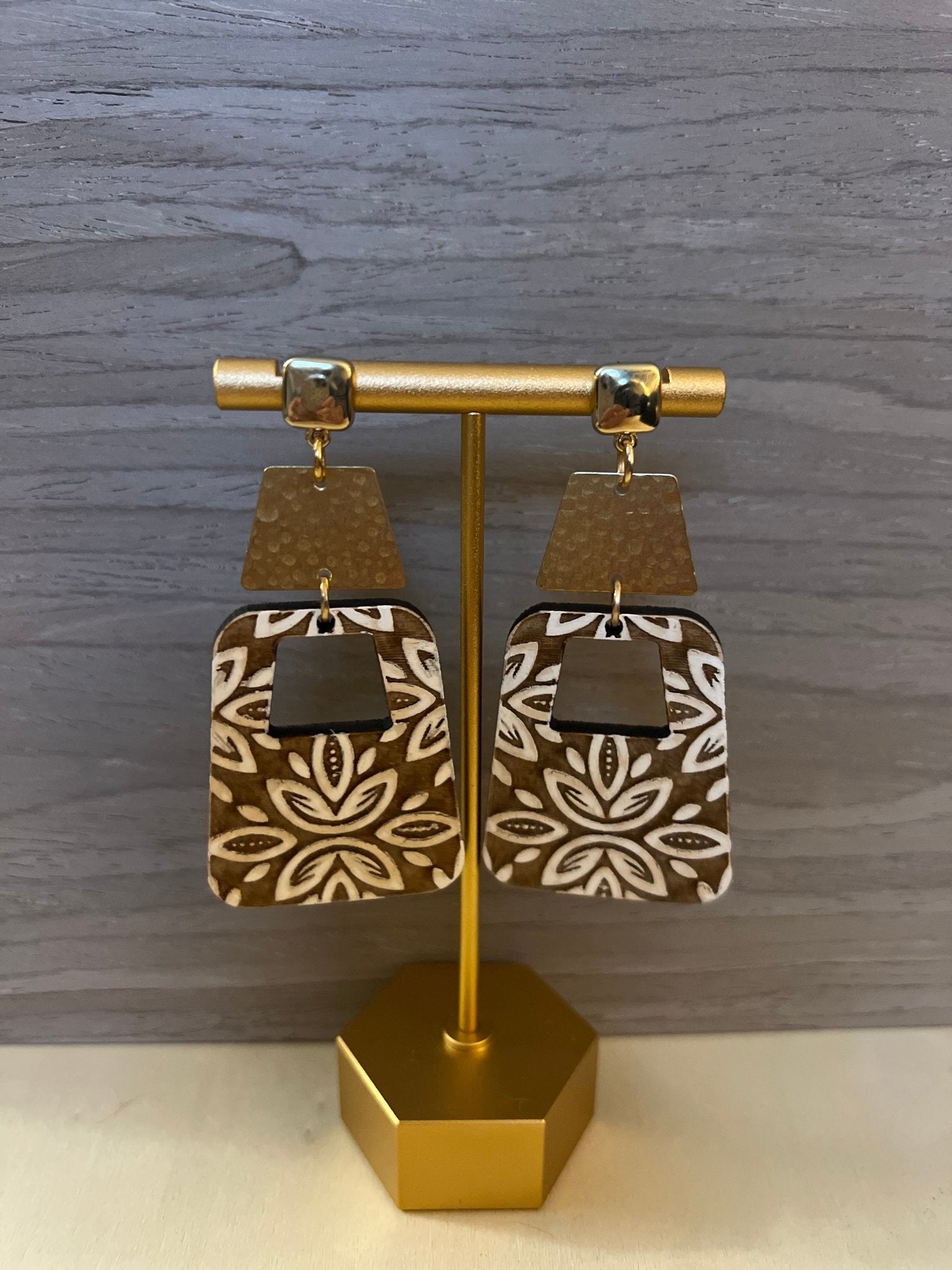 Square Diamond Damask Earrings with a gold stud - Saints Place Designs