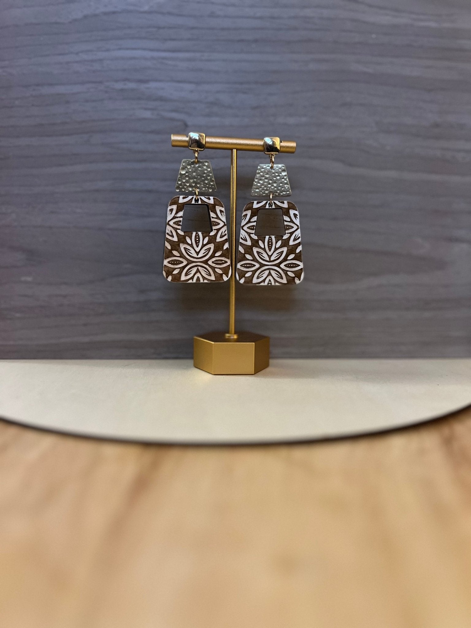 Square Diamond Damask Earrings with a gold stud - Saints Place Designs