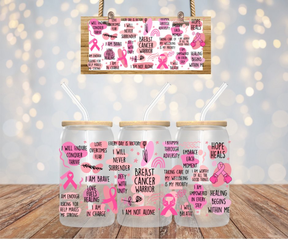 Breast Cancer Warrior Glass Cup with Lid - Saints Place Designs