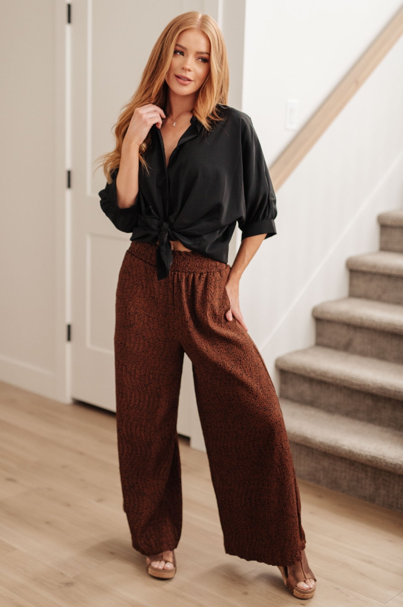 Harmony High Rise Wide Leg Pants in Brown - Saints Place Designs