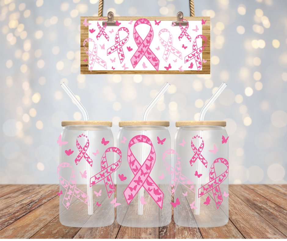 Pink Ribbons & Butterflies Glass Can with Lid - Saints Place Designs